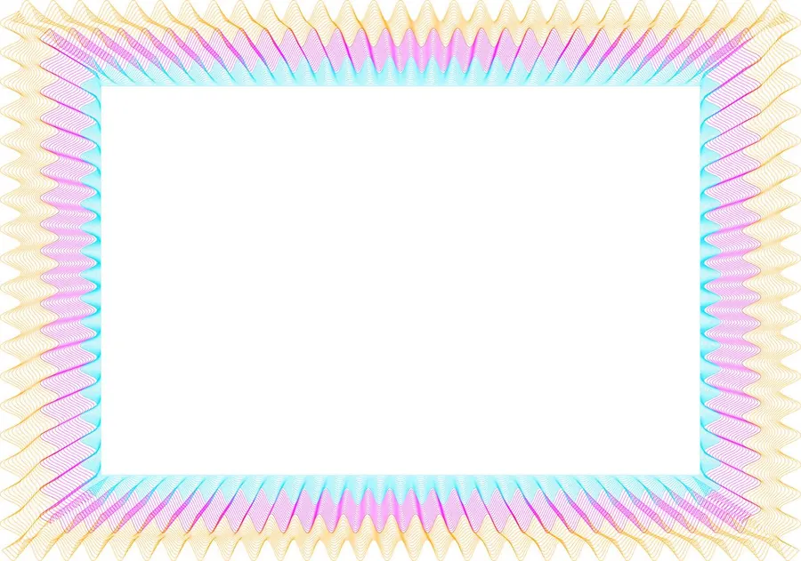 Marco guilloche de líneas finas entrelazadas en naranja, rosa y azul, arte propio del taller.